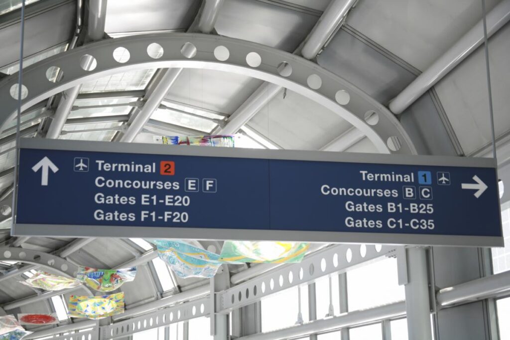 Overhead signage at O'Hare International Airport